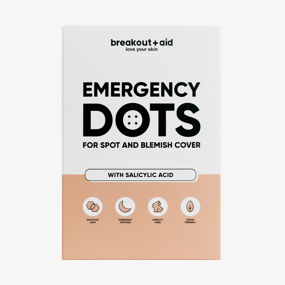 Verpackung der White Emergency Dots mit Salicylsäure, versehen mit vier Symbolen für Inhaltsstoffe und Produkteigenschaften.