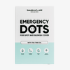 Verpackung für Breakout+Aid Emergency Dots mit Teebaumöl, versehen mit Symbolen für die Anwendung über Nacht, tierversuchsfreie Tests und natürliche Inhaltsstoffe.
