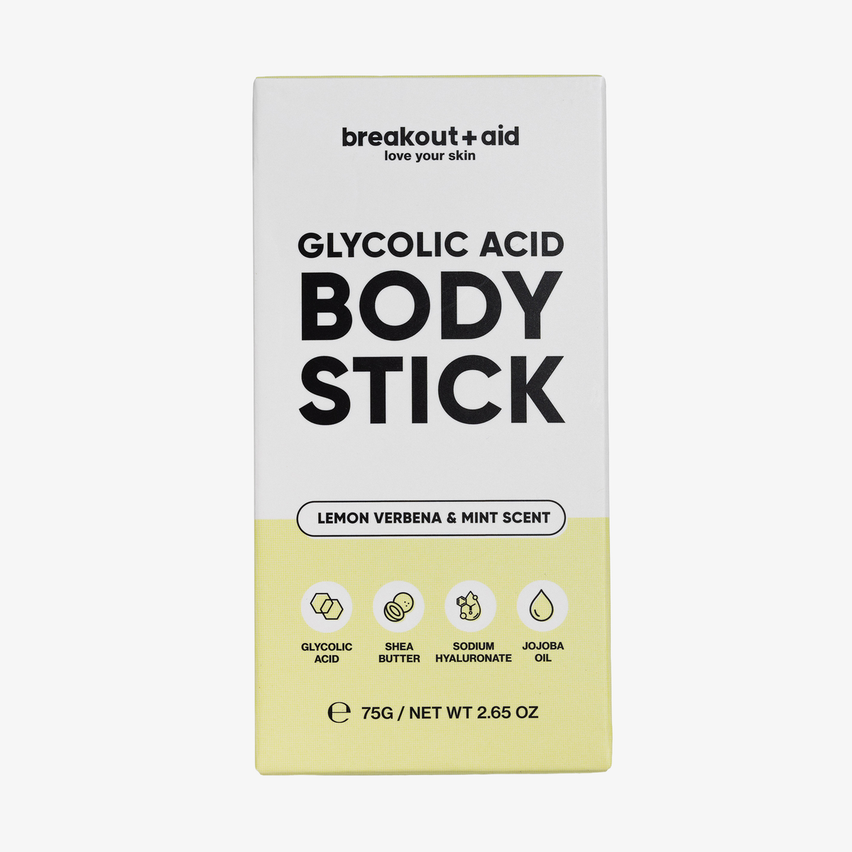 Rechteckige Verpackung für einen Breakout+Aid-Körper-Stick mit Glykolsäure, der nach Zitronenverbene und Minze duftet und Inhaltsstoffe wie Sheabutter und Jojobaöl enthält.