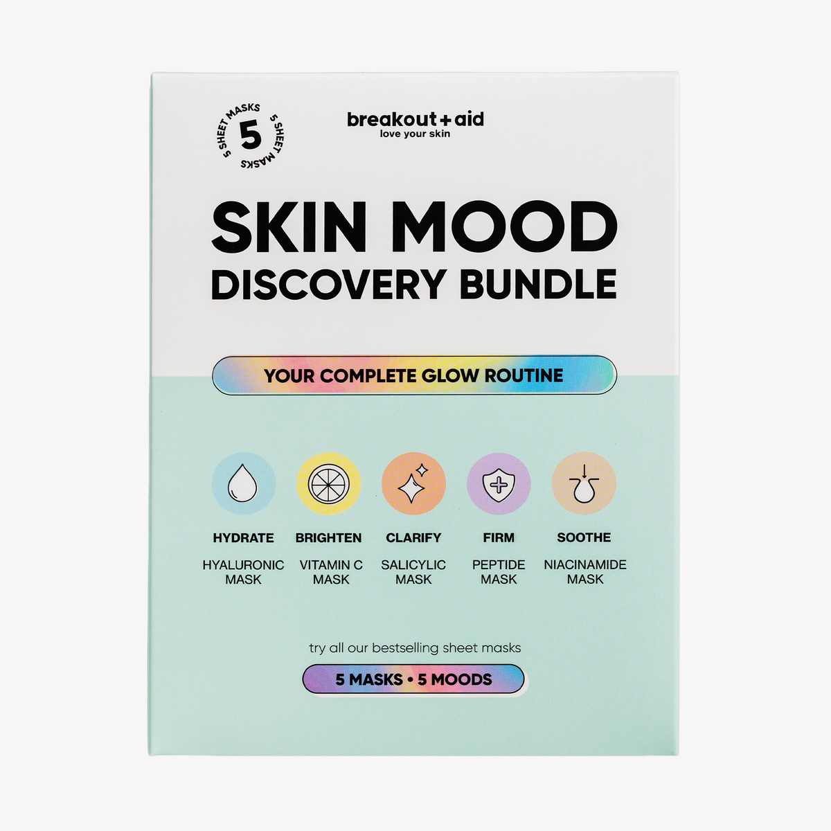 Skin Mood Discovery Bundle – rechteckige Schachtel mit fünf Gesichtsmasken mit den Aufschriften Hydrate, Brighten, Clarify, Firm und Soothe.