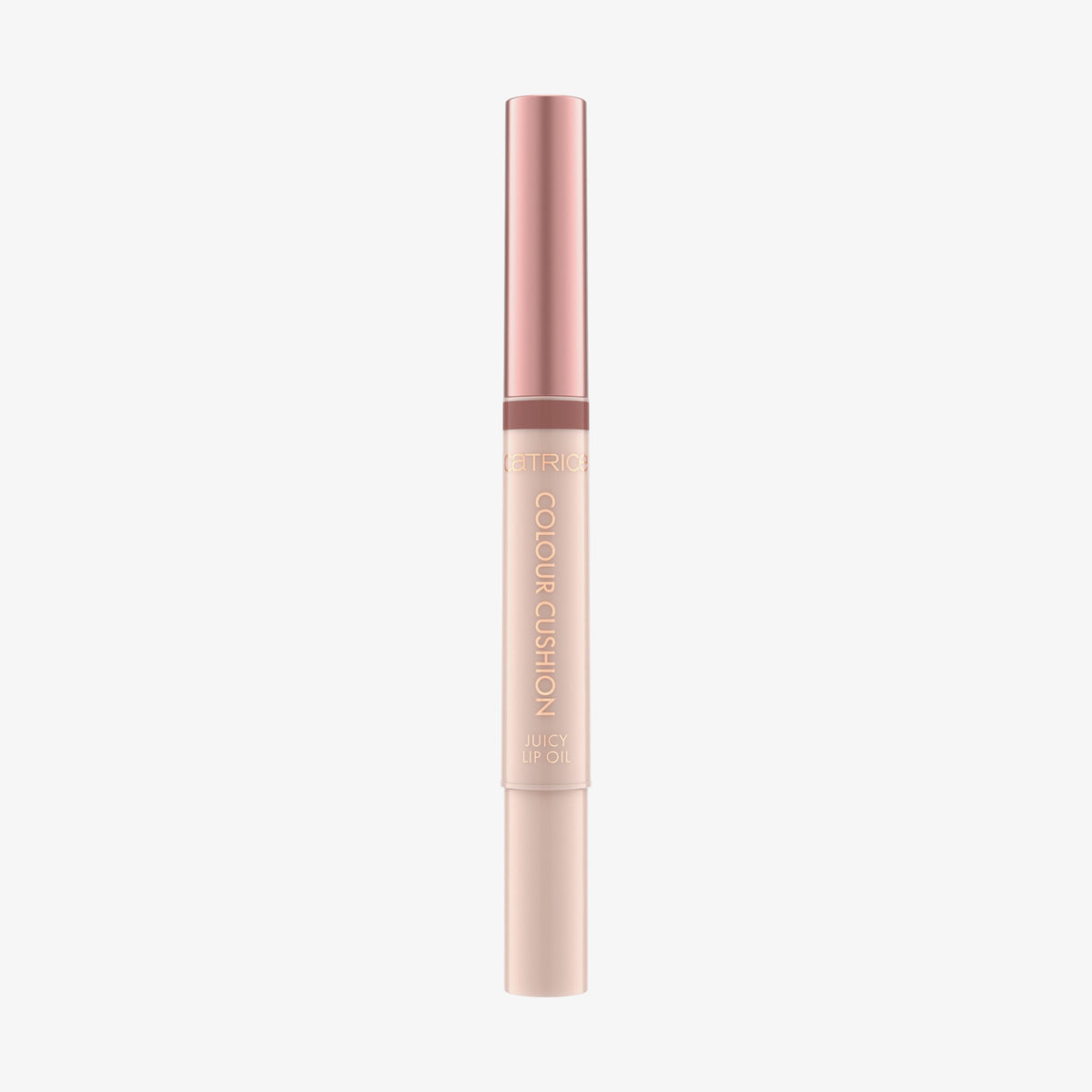 Schlanke Tube des Catrice Colour Cushion Juicy Lip Oils in Rosé-Gold und Nude, elegant und minimalistisch vor weißem Hintergrund.