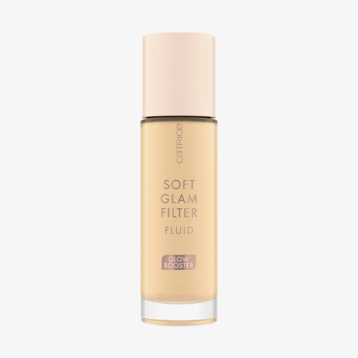 Eine Glasflasche Soft Glam Filter Fluid 010 von Catrice mit hellrosa Deckel und roséfarbener Schrift vor weißem Hintergrund.