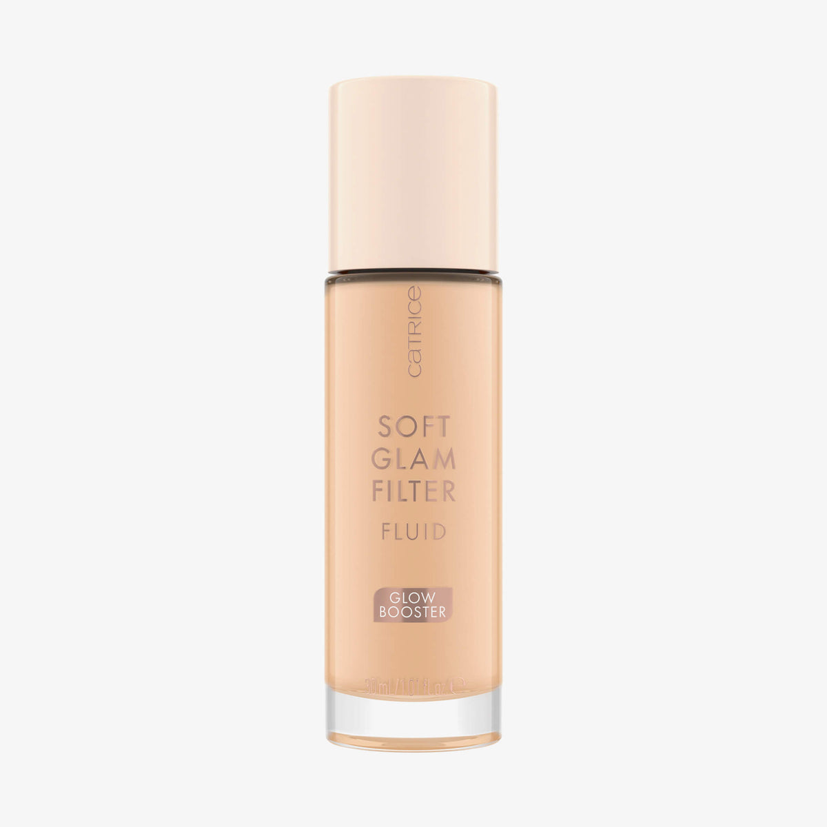 Eine Glasflasche Soft Glam Filter Fluid 015 von Catrice mit hellrosa Deckel und roséfarbener Schrift vor weißem Hintergrund.