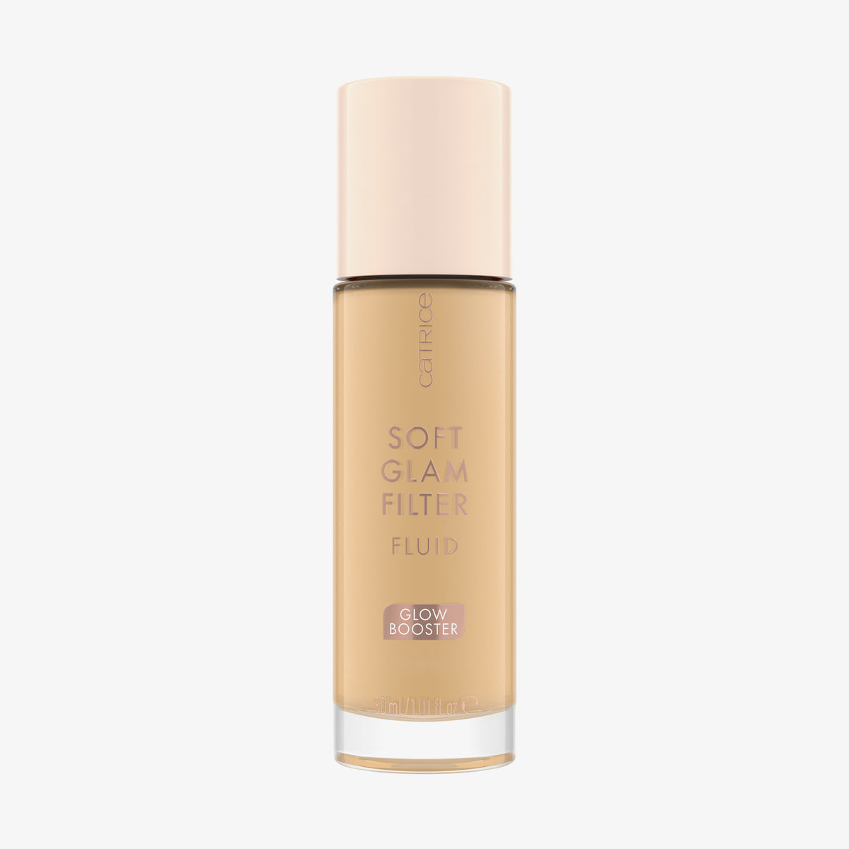Eine Glasflasche Soft Glam Filter Fluid 020 von Catrice mit hellrosa Deckel und roséfarbener Schrift vor weißem Hintergrund.