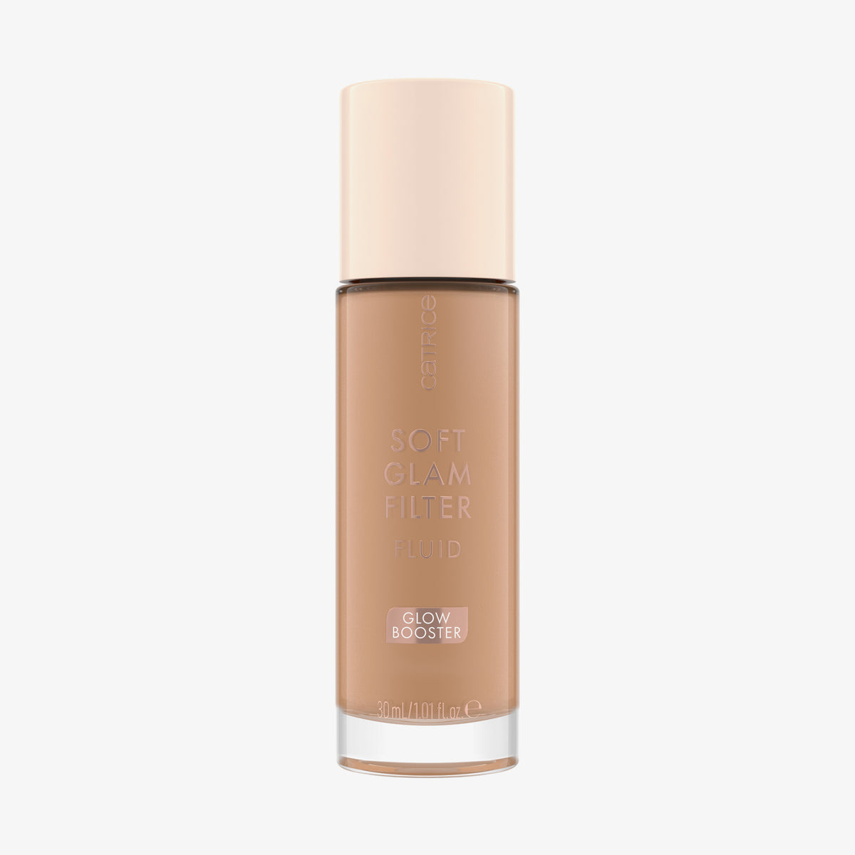 Eine Glasflasche Soft Glam Filter Fluid 030 von Catrice mit hellrosa Deckel und roséfarbener Schrift vor weißem Hintergrund.