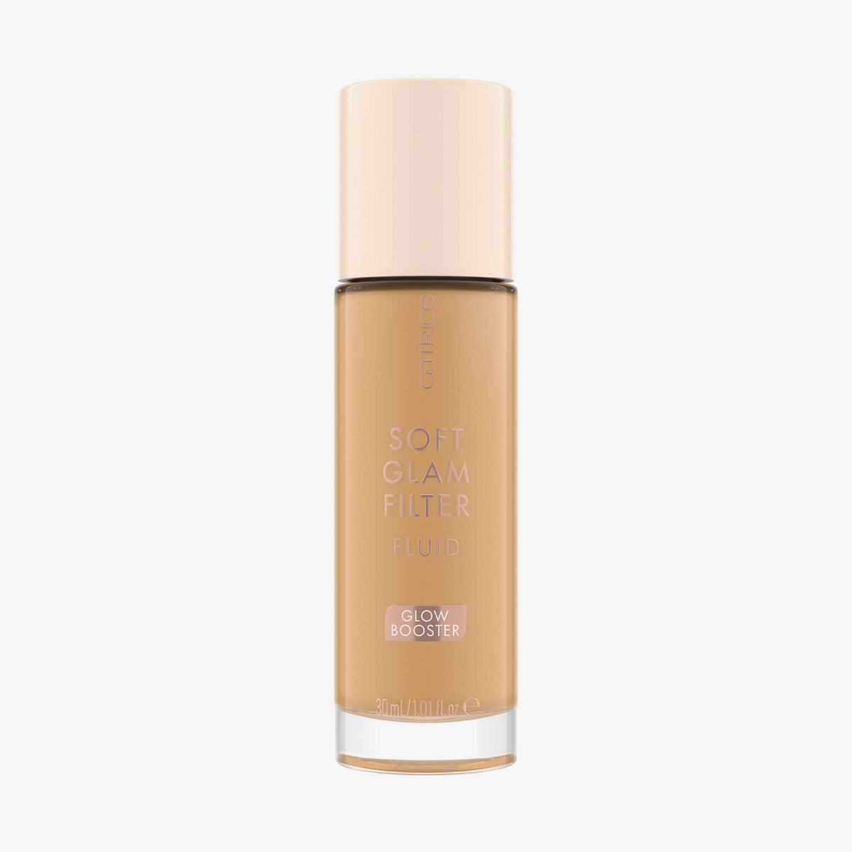 Eine Glasflasche Soft Glam Filter Fluid 040 von Catrice mit hellrosa Deckel und roséfarbener Schrift vor weißem Hintergrund.