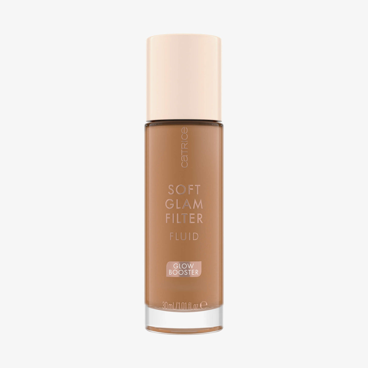 Eine Glasflasche Soft Glam Filter Fluid 065 von Catrice mit hellrosa Deckel und roséfarbener Schrift vor weißem Hintergrund.
