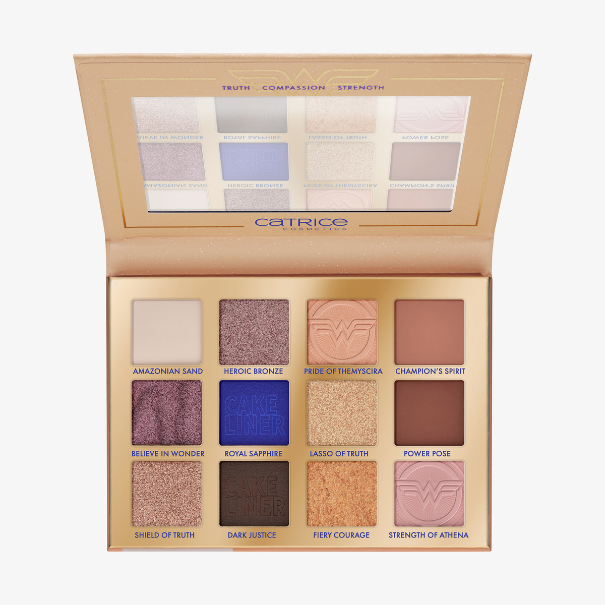 Die Wonder Woman Lidschattenpalette verfügt über ein offenes Design mit verschiedenen Lidschattentönen und -texturen, darunter Schimmer und Matt.