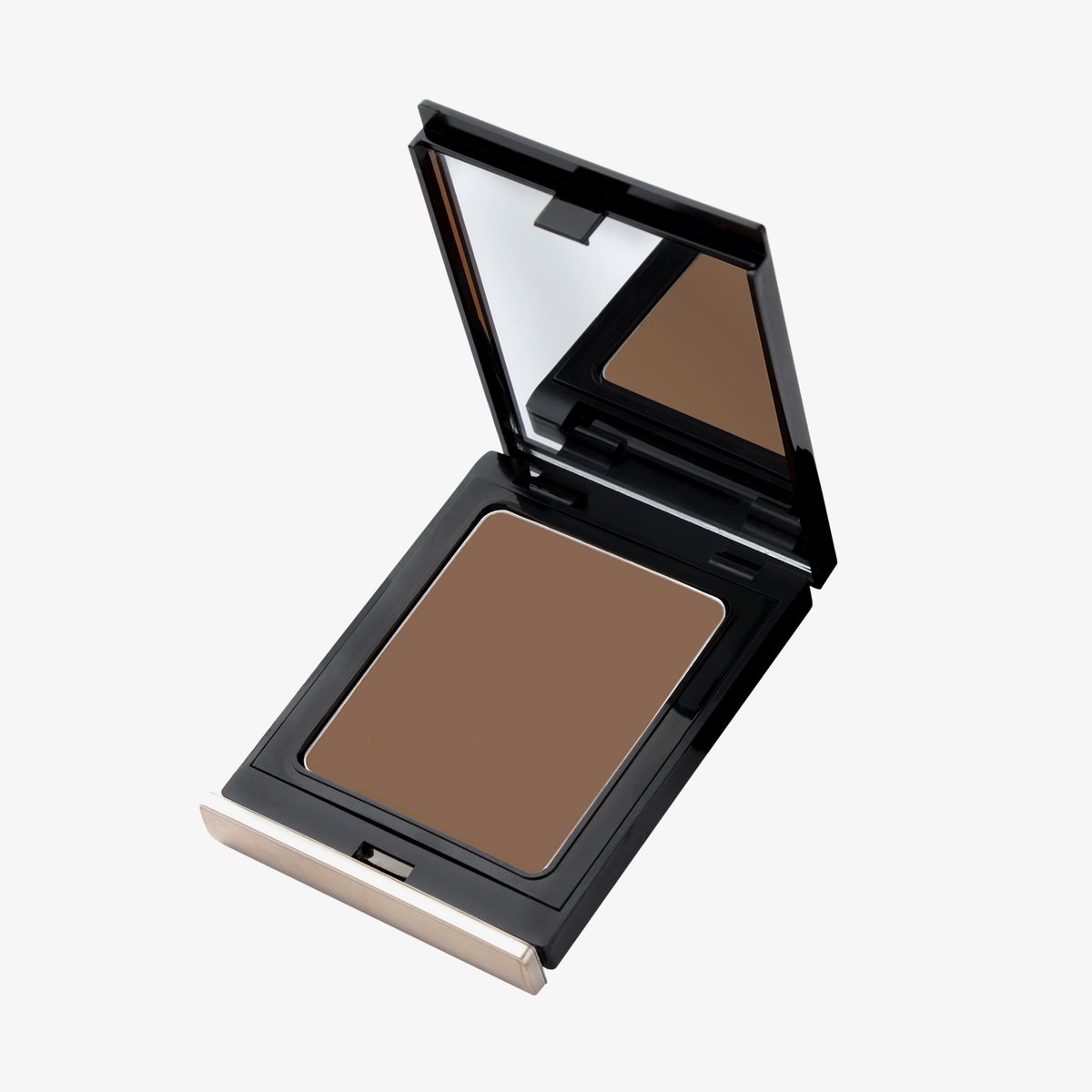 Danessa Myricks Beauty Balm Contour: eine Puderdose mit braunem gepresstem Puder und einem Spiegel auf dem Deckel, offen gezeigt.