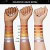 Drei Unterarme mit Swatches der Danessa Myricks Colorfix Liquid Metals in Metallic-Tönen wie Hot Fire, Spark, 24K, Platinum und Lilac Flame.