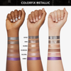 Drei Arme in verschiedenen Hauttönen zeigen sechs Colorfix Metallics von Danessa Myricks Beauty, von Lila über Gold bis Silber.