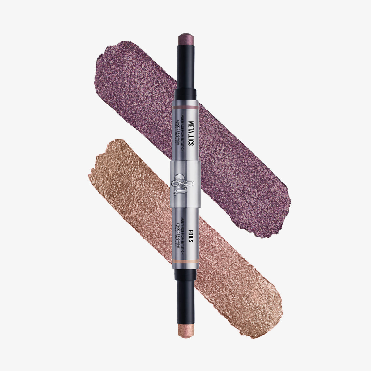 Danessa Myricks Beauty Duo Multi-Use Pigment Stick mit Pink- und Bronzetönen auf einer weißen Fläche.