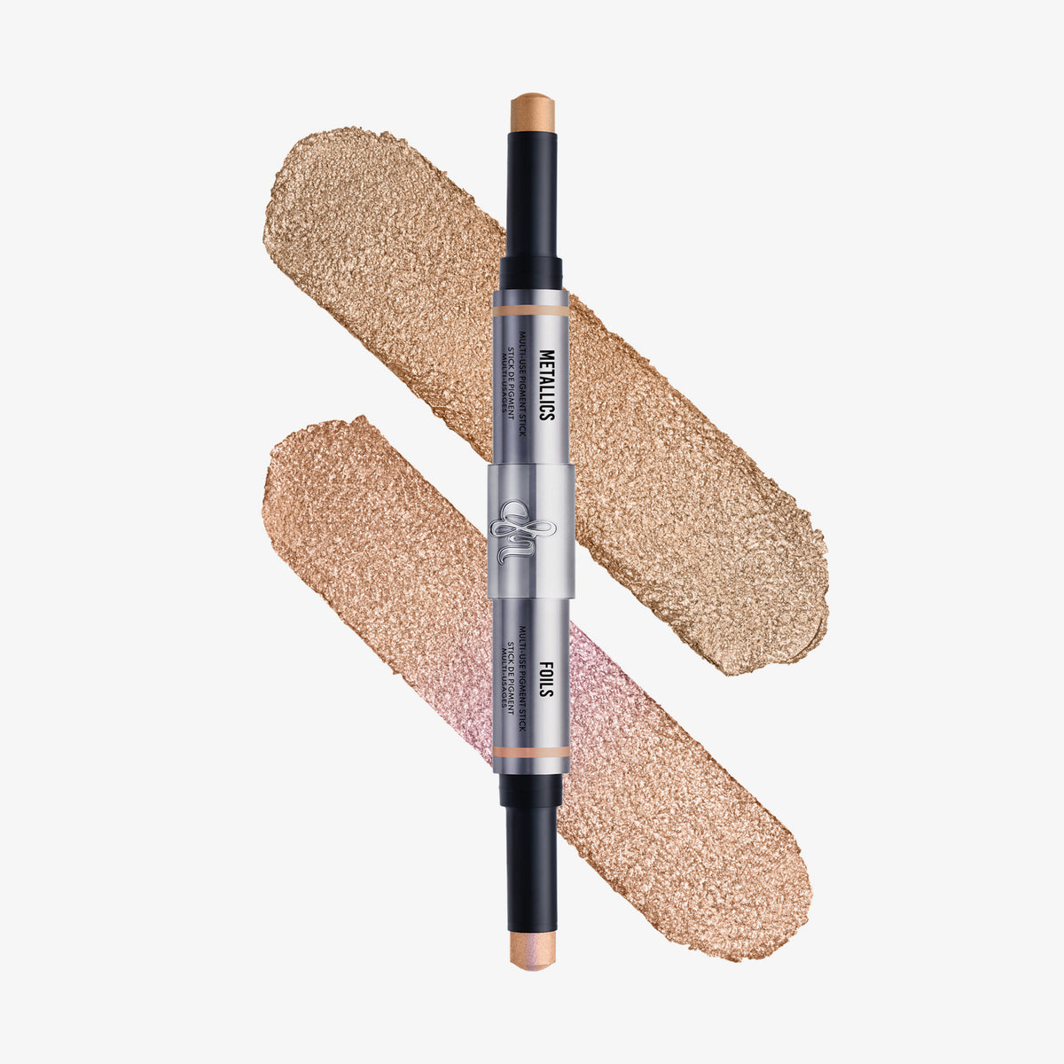 Duo-Stick mit zwei cremigen Lidschattenfarben: oben ein heller Champagnerton mit goldigem Schimmer, unten ein Roséton mit metallischem Glanz – beide als Swatch und im Stick sichtbar.
