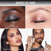 Vier Make-up-Looks mit unterschiedlichen Hauttönen: metallisch geschminkte Lider, roségoldene Foils, kombinierte Finishes und kreative Farbmischungen mit Stiften.