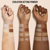 Drei Arme mit unterschiedlichen Hauttönen zeigen Muster von Evolution Powder in den Farbtönen 1, 2, 2.5, 3, 4, 5, Yellow und Pink.
