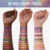 Drei Arme mit unterschiedlichen Hauttönen zeigen beschriftete Swatches der farbigen Infinite Chrome Pencil Eyeliner von Danessa Myricks Beauty.