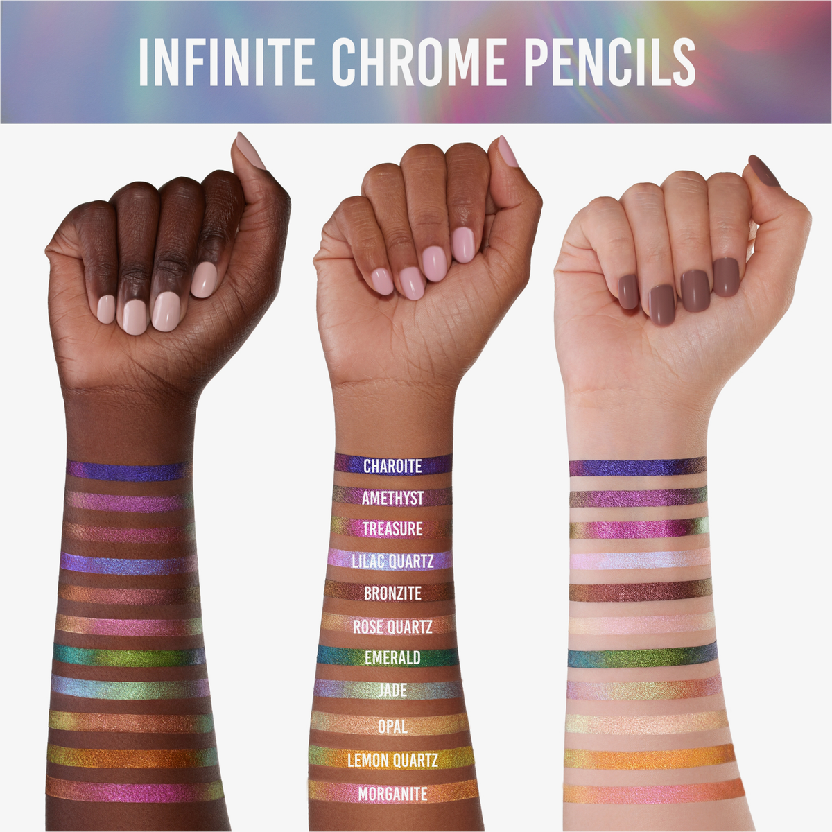 Drei Arme mit unterschiedlichen Hauttönen zeigen beschriftete Swatches der farbigen Infinite Chrome Pencil Eyeliner von Danessa Myricks Beauty.