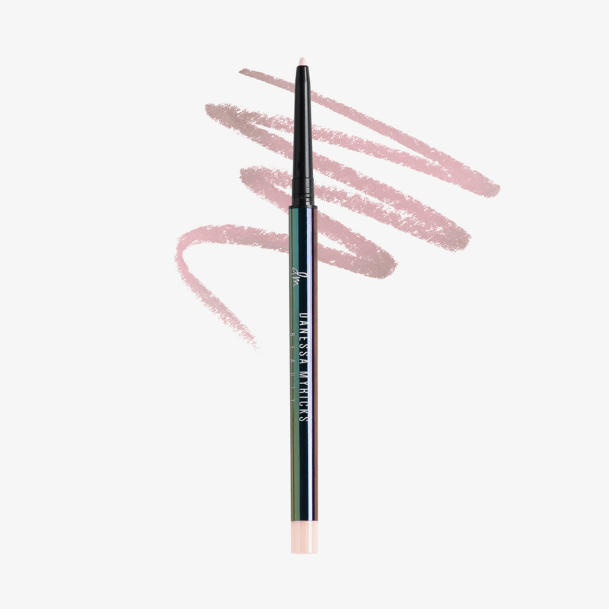 Schwarzer glänzender Infinite Chrome Pencil Rose Quartz; dahinter gezeichnete rosa Striche auf weißem Hintergrund.