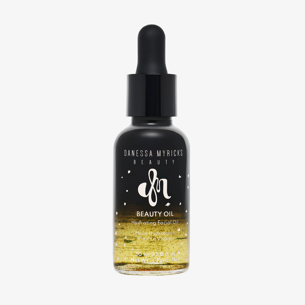 Eine Flasche Danessa Myricks Beauty Oil Original mit einem schwarzen Tropfverschluss steht vor einem weißen Hintergrund.