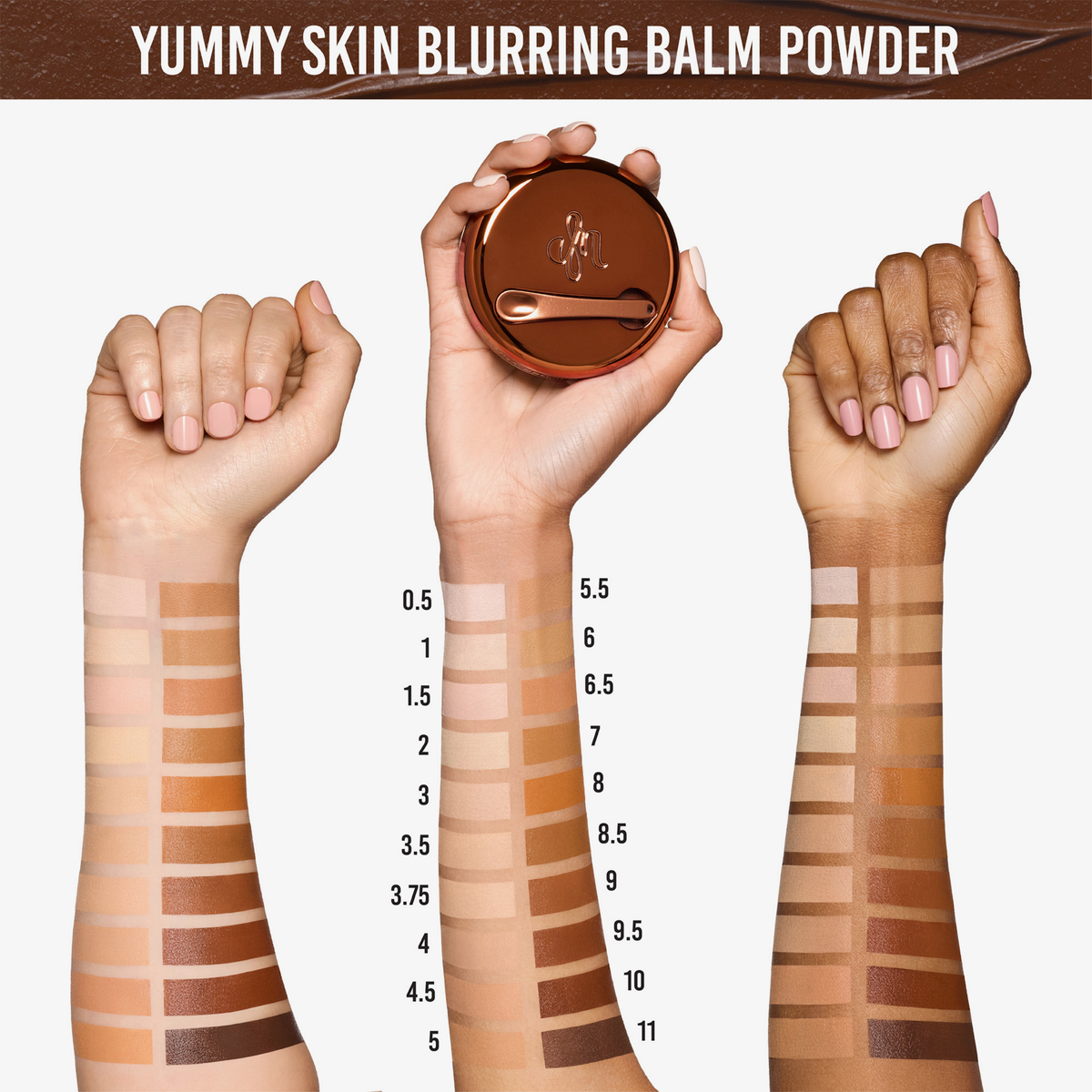 Drei Arme mit unterschiedlichen Hauttönen zeigen Farben des Yummy Skin Blurring Balm Powder.