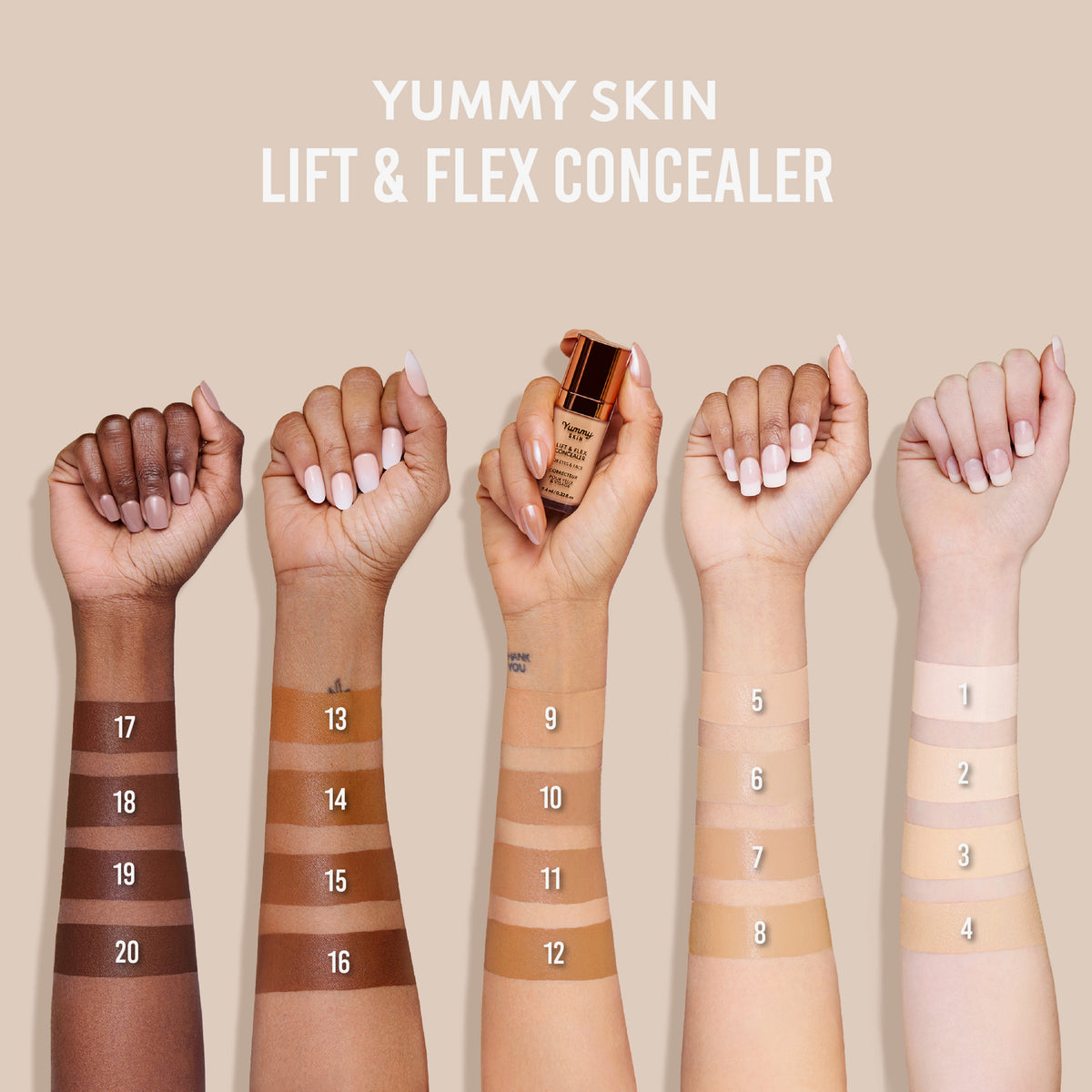 Fünf Arme unterschiedlicher Hauttypen präsentieren Farbmuster der Yummy Skin Lift & Flex Concealer von Danessa Myricks Beauty.