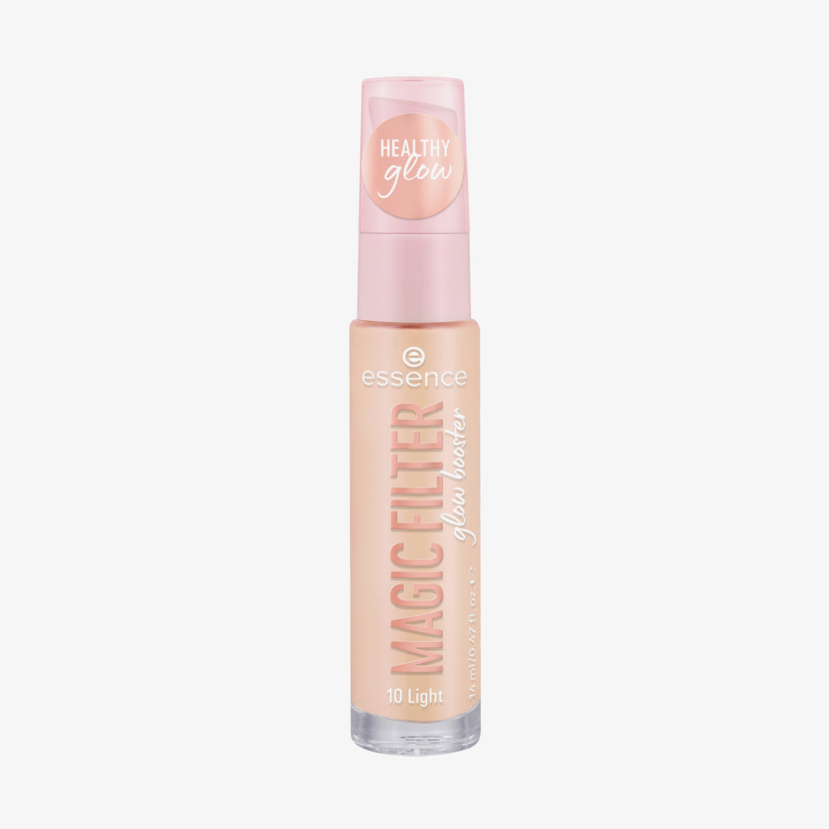 Transparente Flasche MAGIC FILTER Glow Booster im Farbton 10 Light mit einem rosa Deckel mit der Aufschrift „Healthy Glow“.