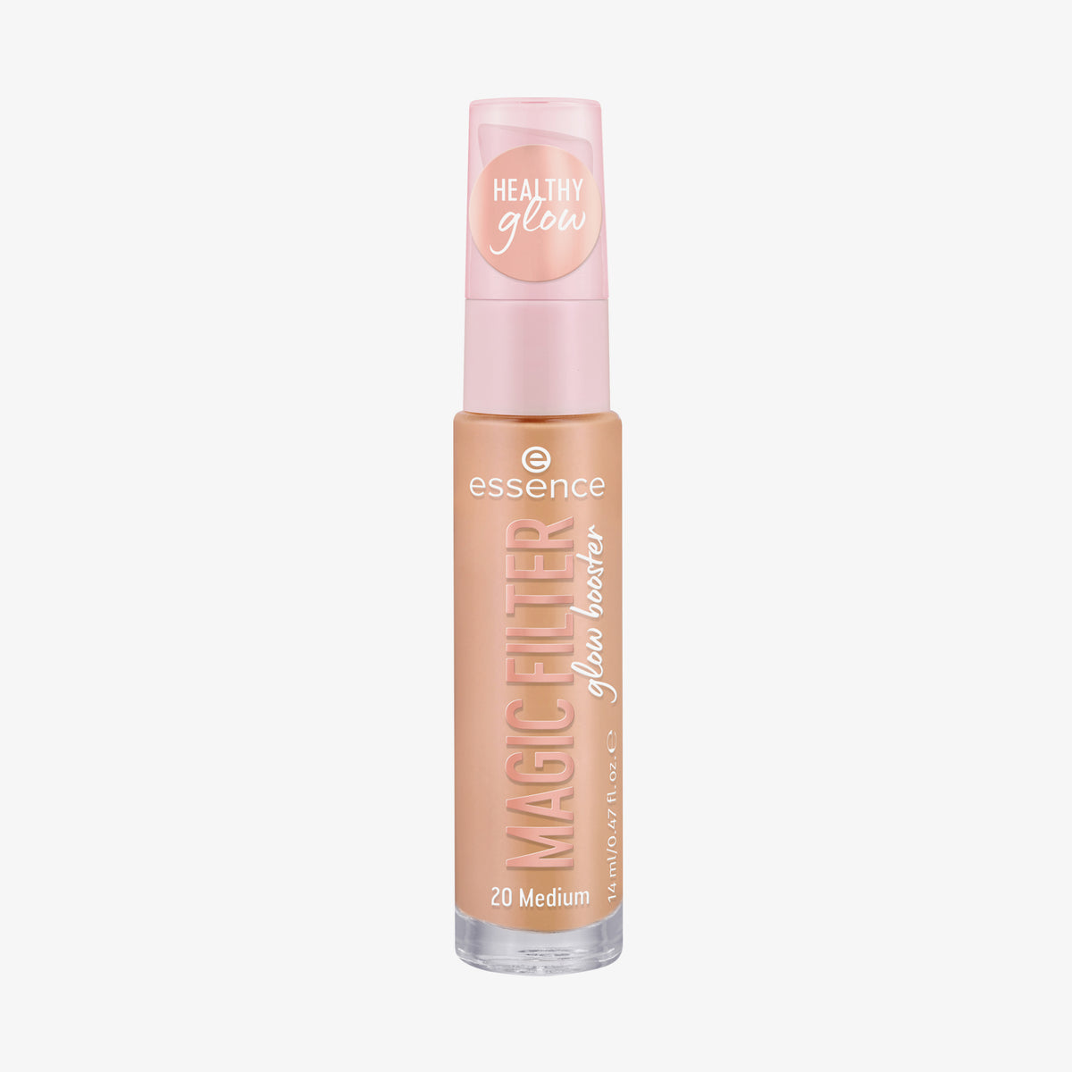 Transparente Flasche MAGIC FILTER Glow Booster im Farbton 20 Medium mit einem rosa Deckel mit der Aufschrift „Healthy Glow“.