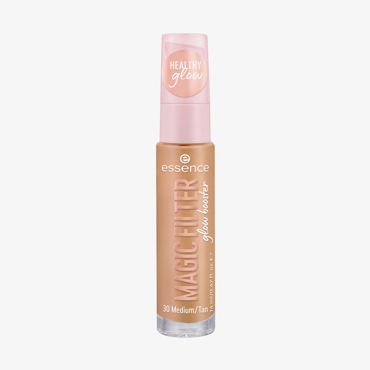 Transparente Flasche MAGIC FILTER Glow Booster im Farbton 30 Medium/ Tan mit einem rosa Deckel mit der Aufschrift „Healthy Glow“.
