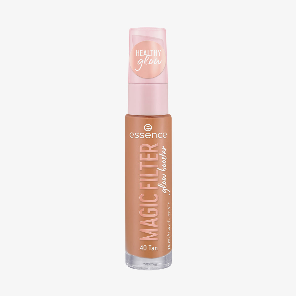 Transparente Flasche MAGIC FILTER Glow Booster im Farbton 40 Tan mit einem rosa Deckel mit der Aufschrift „Healthy Glow“.