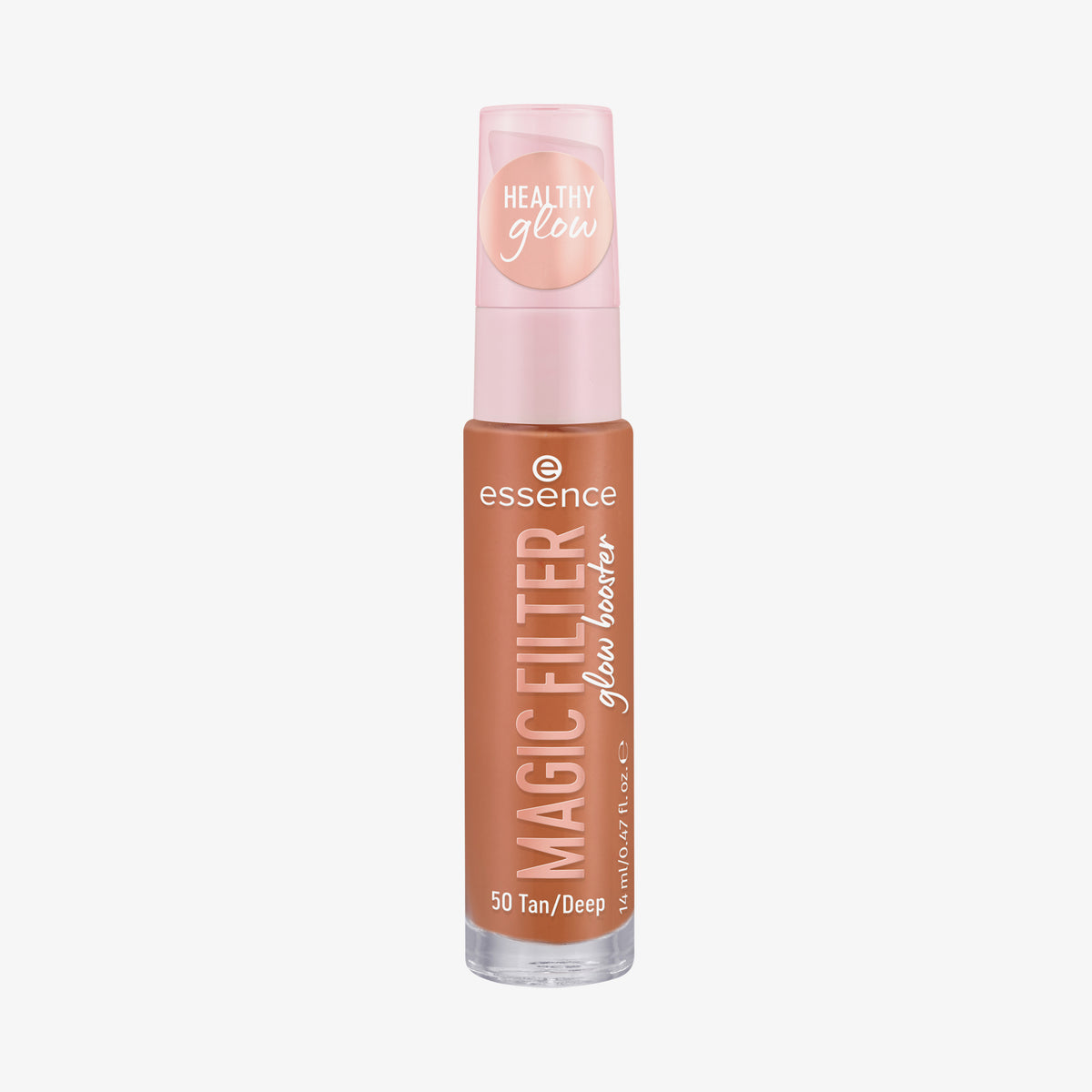 Transparente Flasche MAGIC FILTER Glow Booster im Farbton 50 Tan/ Deep mit einem rosa Deckel mit der Aufschrift „Healthy Glow“.