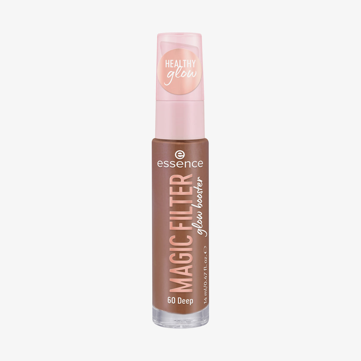 Transparente Flasche MAGIC FILTER Glow Booster im Farbton 60 Deep mit einem rosa Deckel mit der Aufschrift „Healthy Glow“.