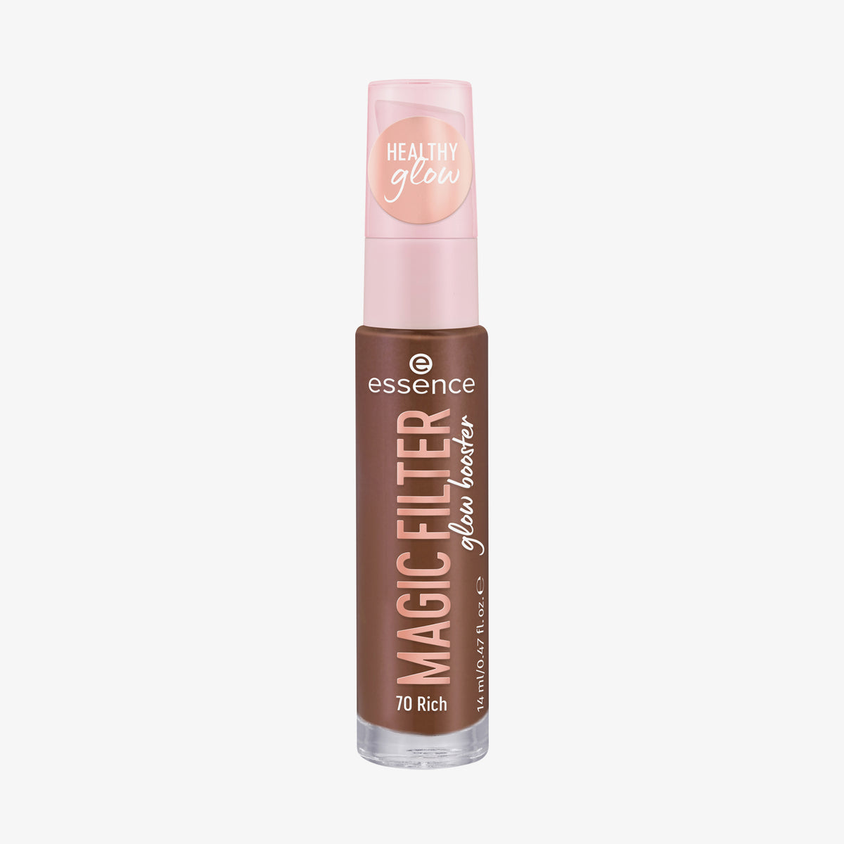 Transparente Flasche MAGIC FILTER Glow Booster im Farbton 70 Rich mit einem rosa Deckel mit der Aufschrift „Healthy Glow“.