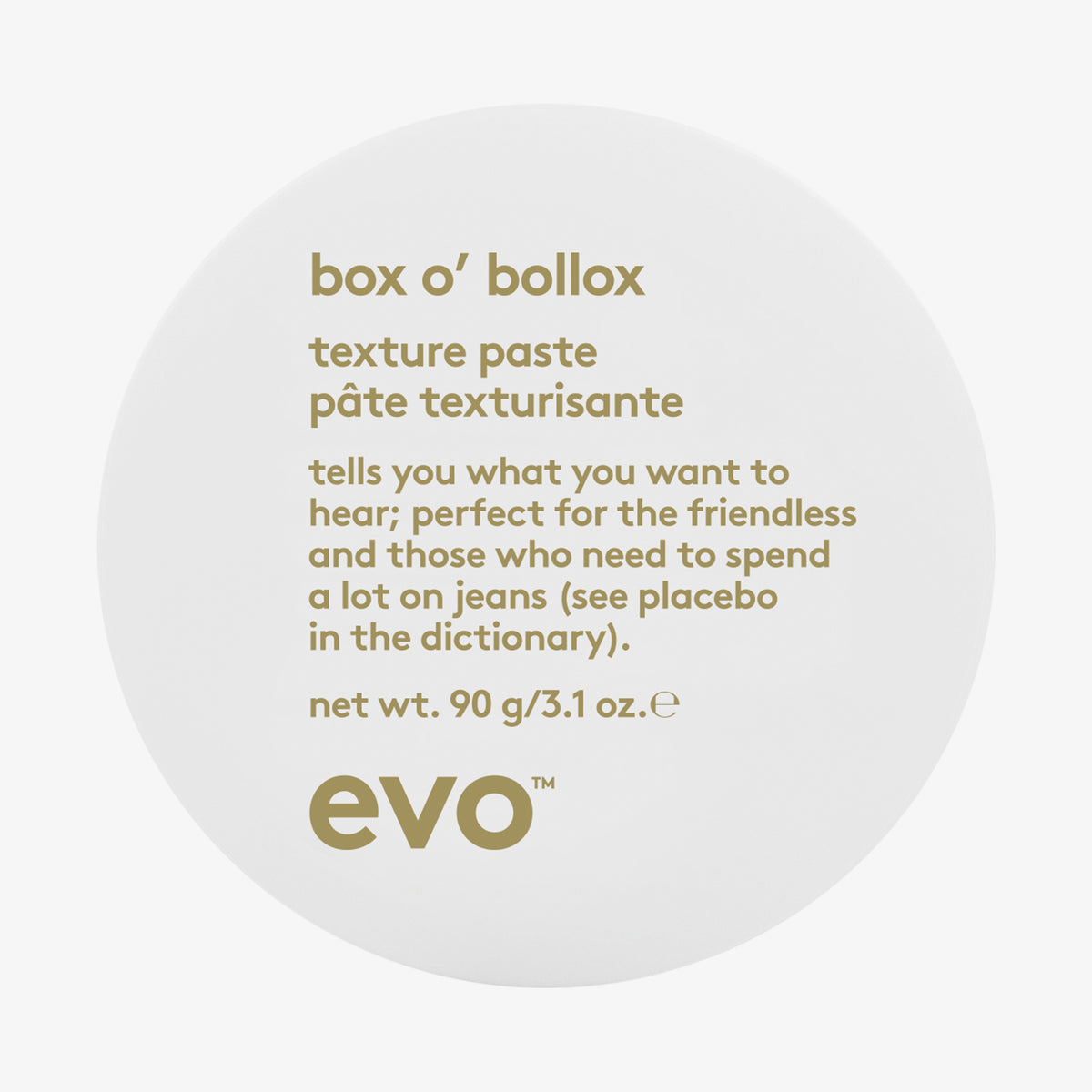 Ein weißer runder Tiegel Box O Bollox Texture Paste mit humorvoller Produktbeschreibung auf dem Deckel.