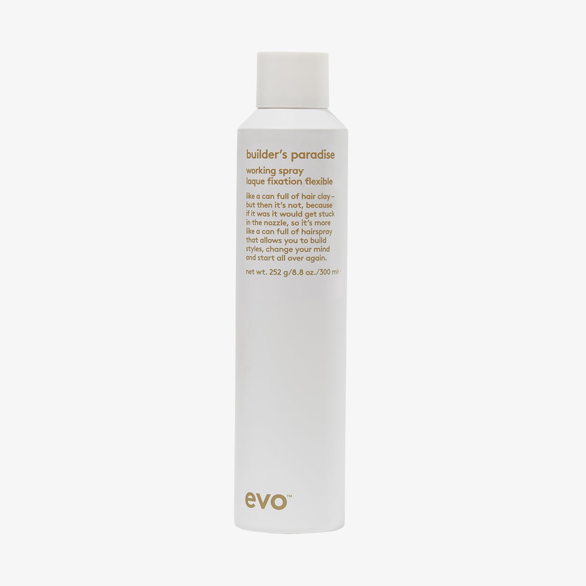 Weiße Flasche Builders Paradise Working Spray von Evo mit goldenem Text und minimalistischem Design.