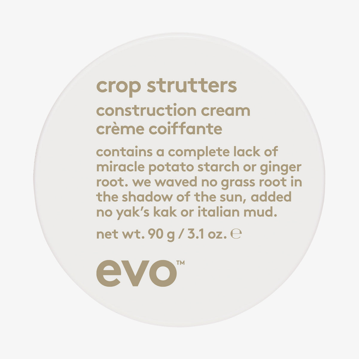 Weißer runder Behälter Crop Strutters Construction Cream mit humorvollem Produkttect auf dem Deckel.