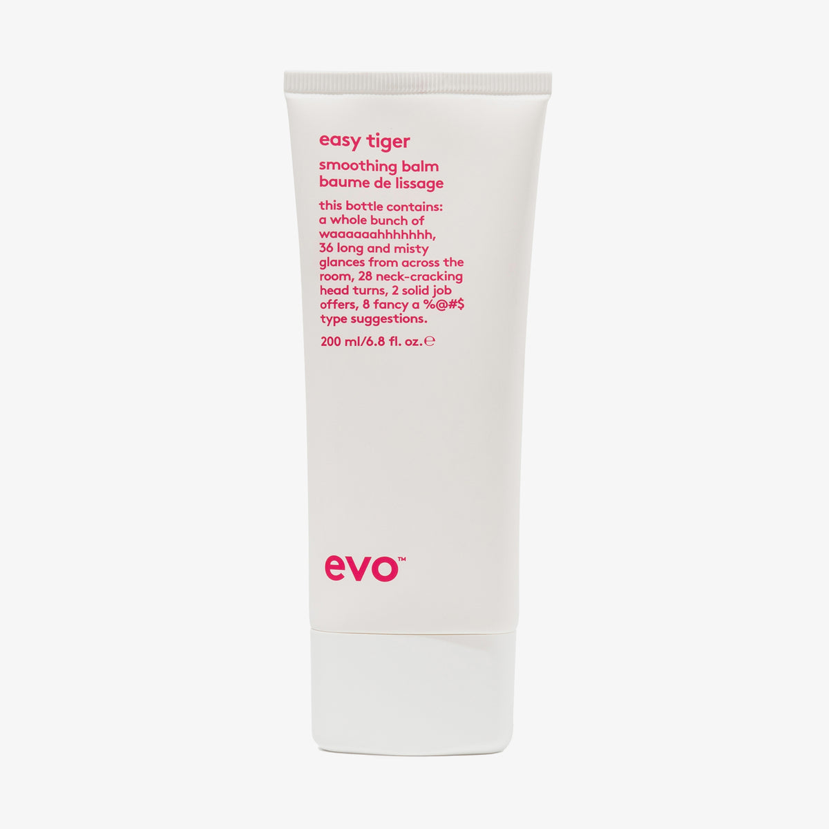 Weiße Tube Easy Tiger Smoothing Balm  von Evo mit humorvollten Produkttext vor weißem Hintergrund.