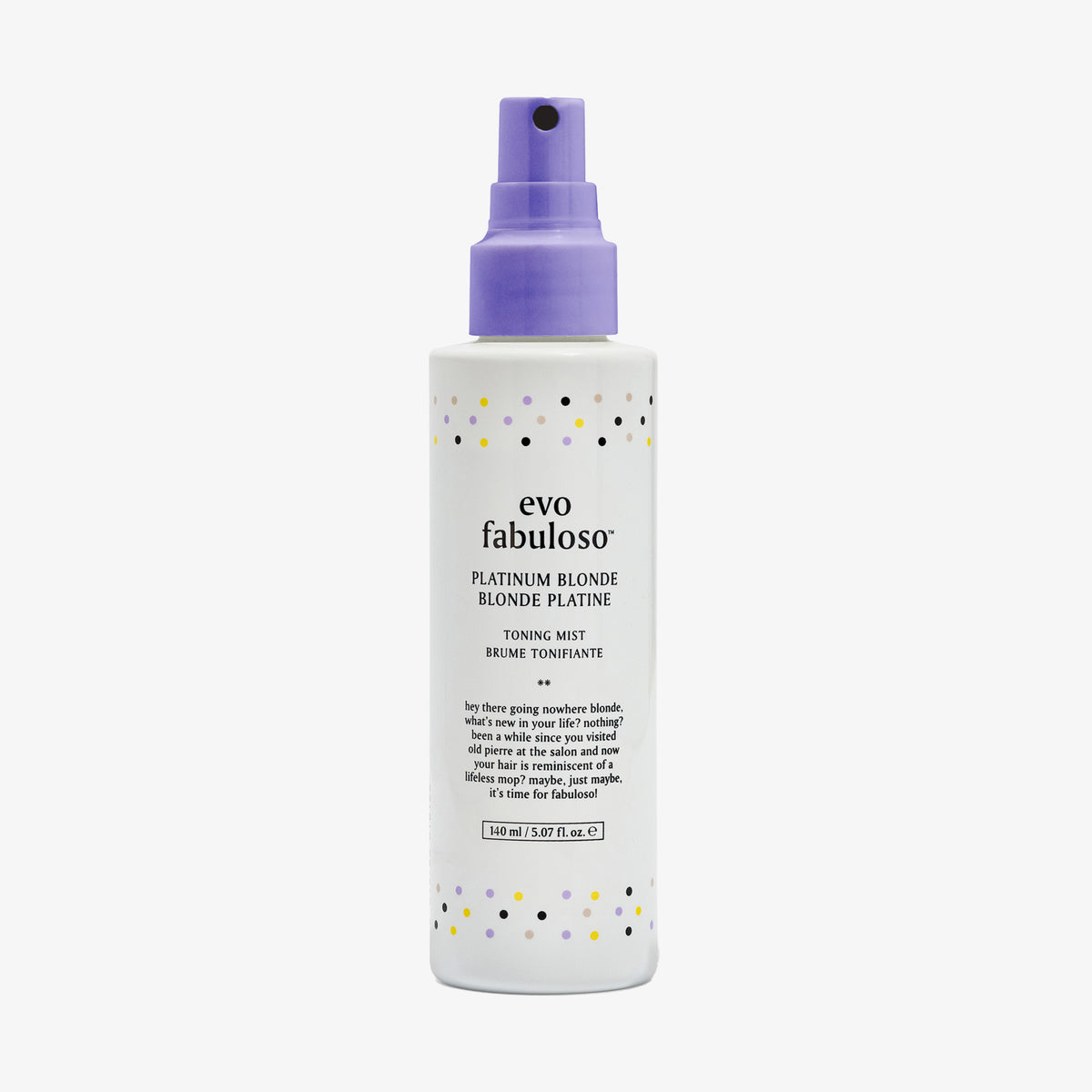 Weiße Pumpflasche Fabuloso Platinum Blonde Toning Mist mit violetter Sprühkappe und bunten Pünktchen.