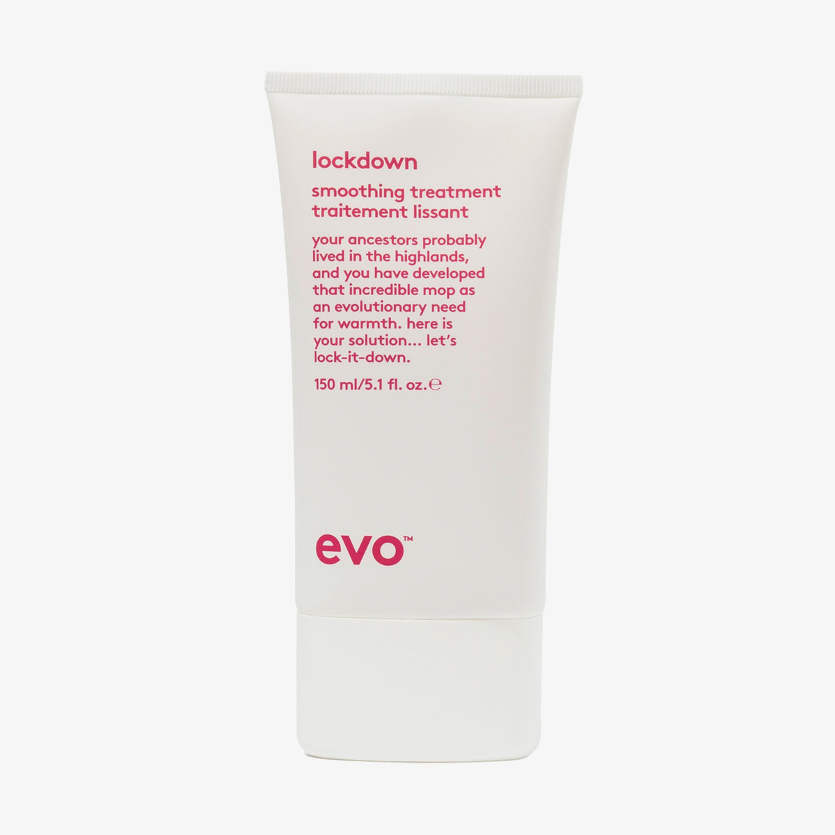 Weiße Tube evo Lockdown Leave In Smoothing Treatment mit humorvollem Produkttext vor weißem Hintergrund.