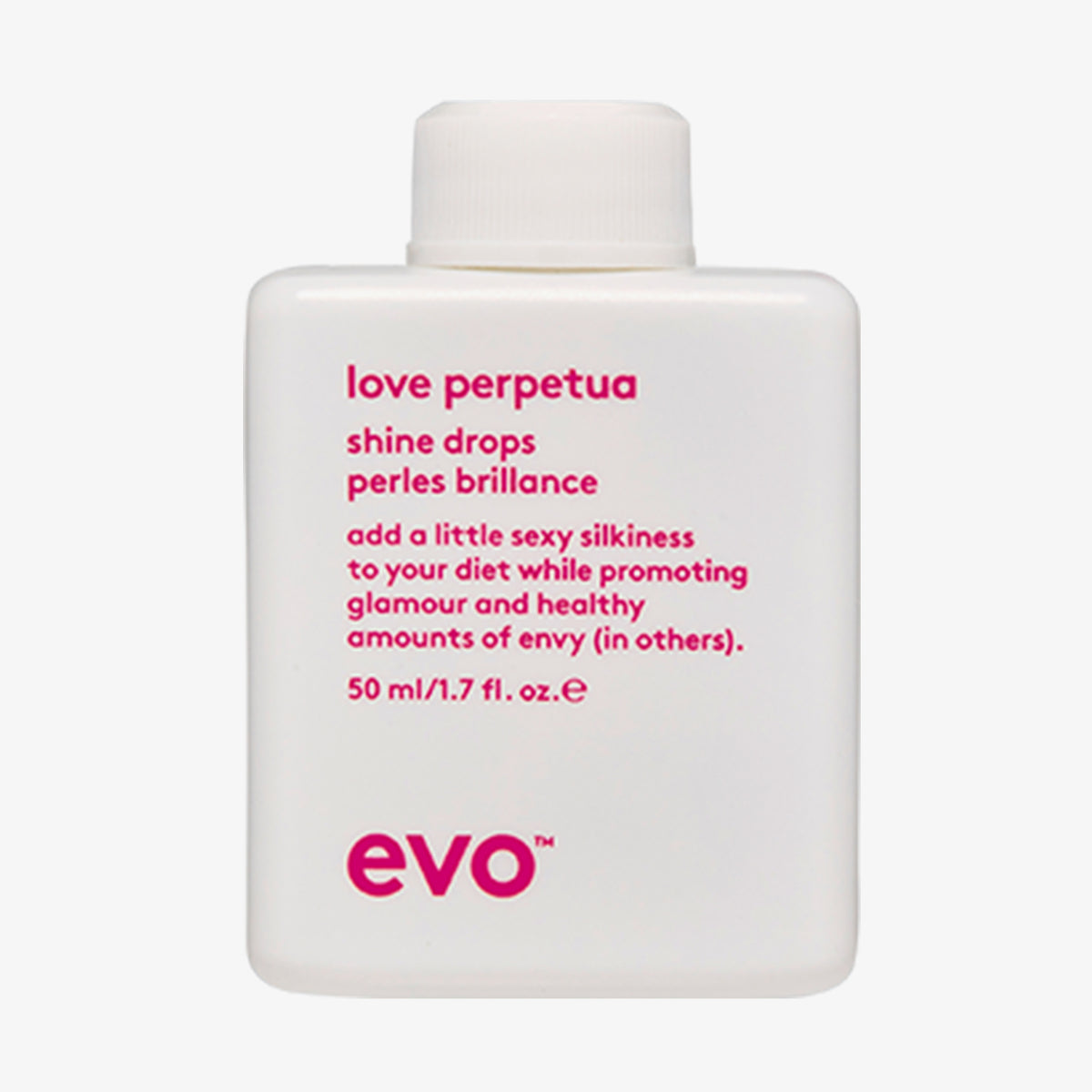 Weiße Flasche Love Perpetua Shine Drops mit humorvollem Produkttext vor weißem Hintergrund.