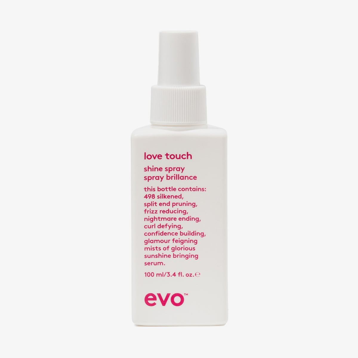 Weiße Flasche Love Touch Shine Spray von Evo mit humorvollem Produkttext vor weißem Hintergrund.