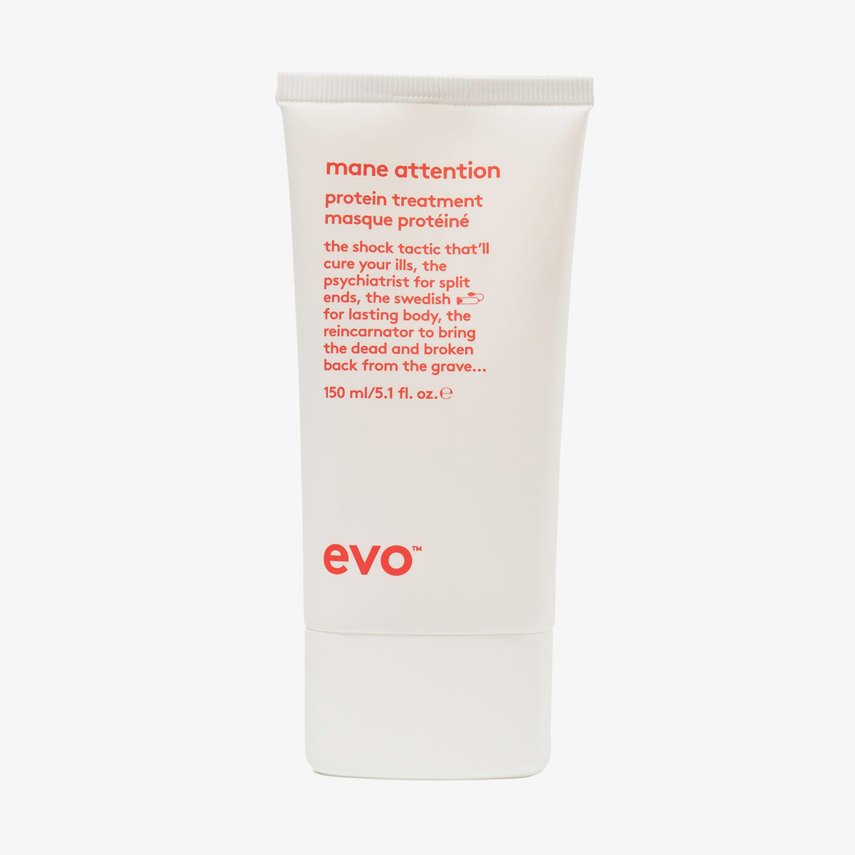 Weiße Tube Mane Attention Protein Treatment mit humorvollem Produkttext  vor weißem Hintergrund.