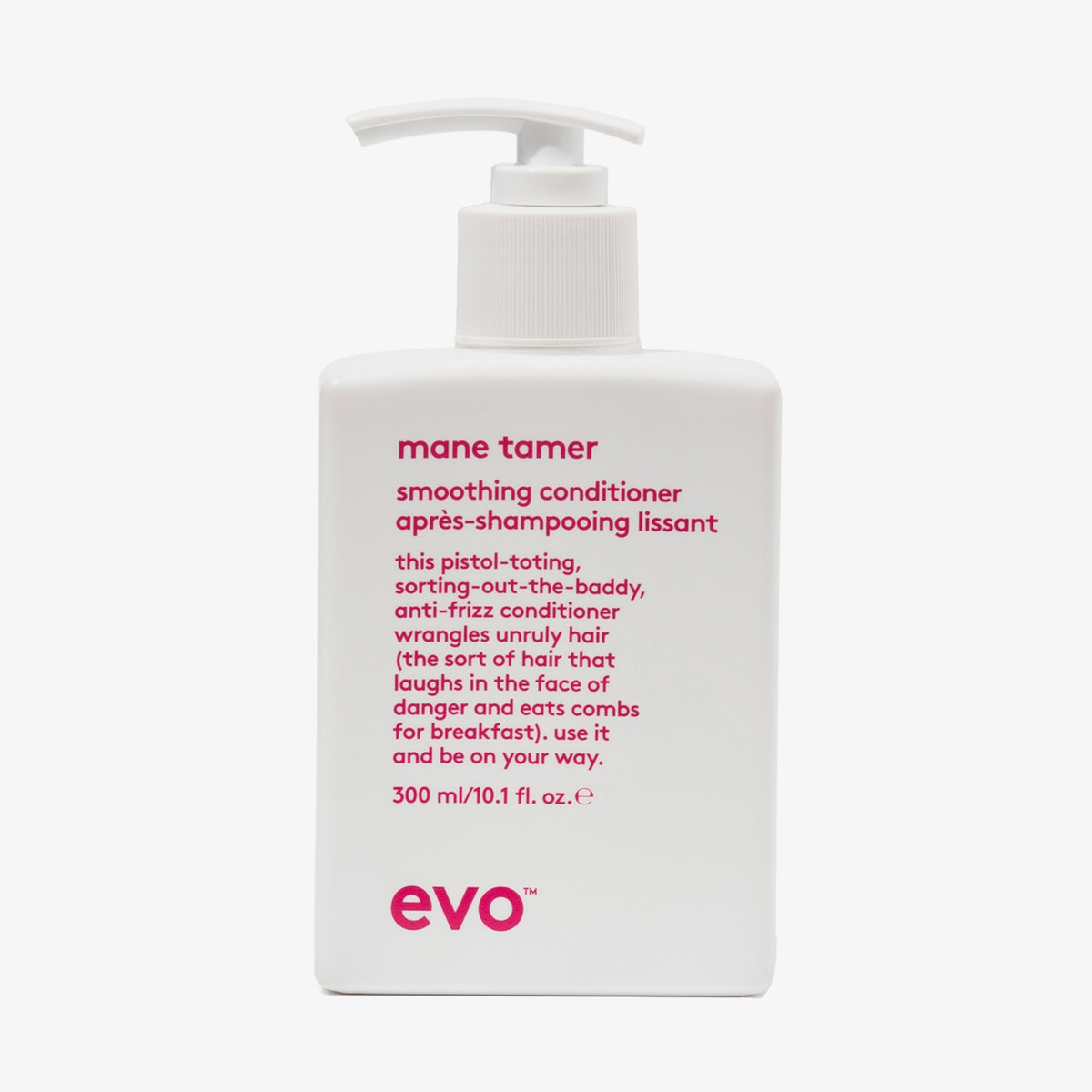 Weiße Flasche Mane Tamer Smoothing Conditioner mit Pumpe und humorvollem Produkttext.