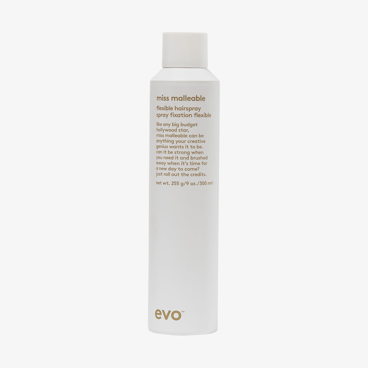 Weiße Sprühflasche Miss Malleable Flexible Hairspray mit humorvollem Produkttext.