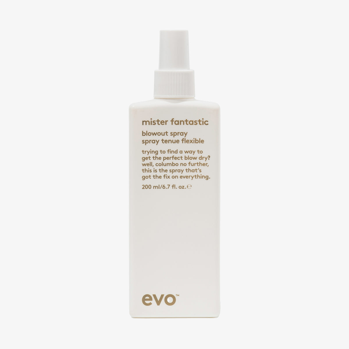Weiße Sprühflasche Mister Fantastic Blowout Spray von Evo mit humorvollem Produkttext.