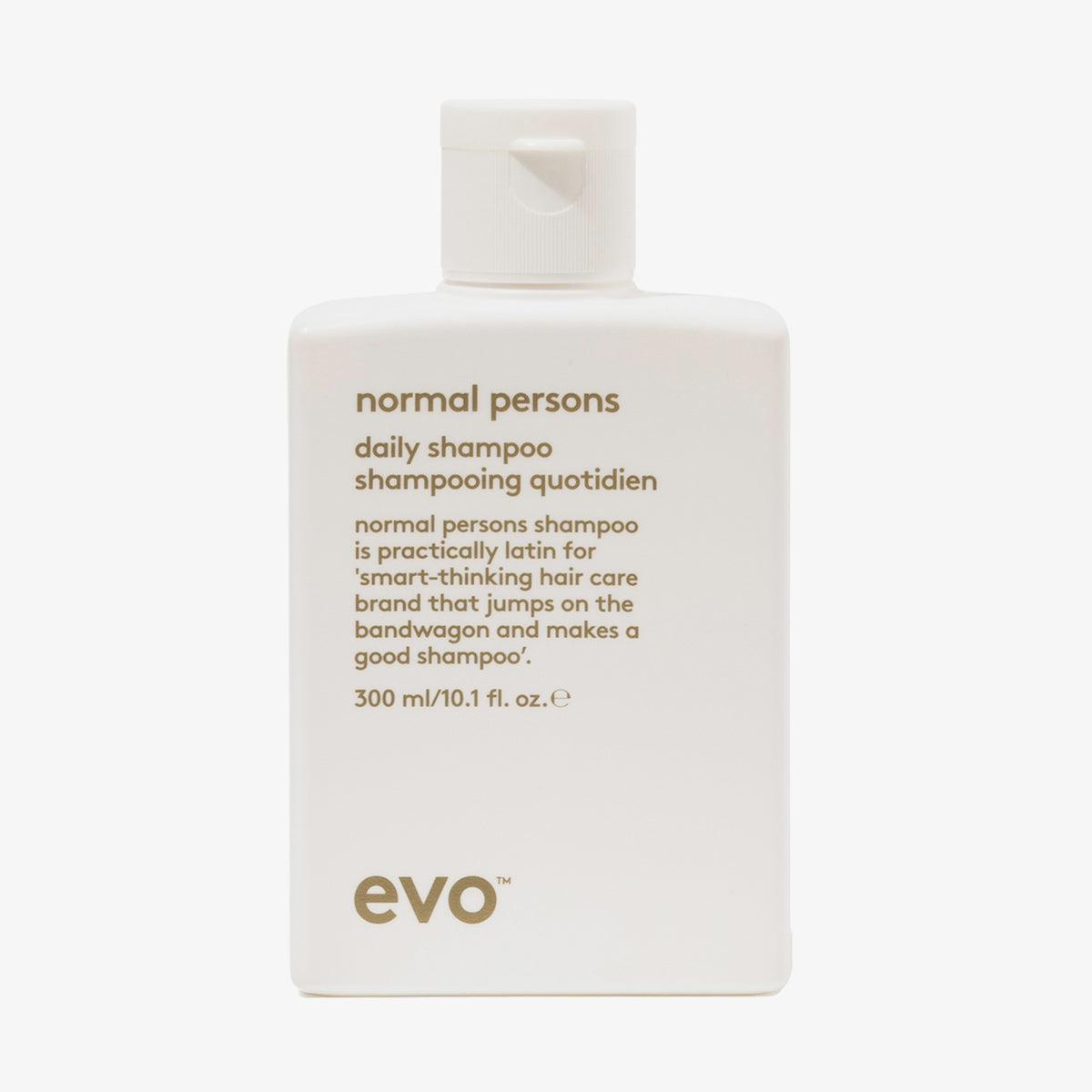 Weiße Flasche Normal Persons Shampoo mit humorvollem Produkttext auf weißem Hintergrund.