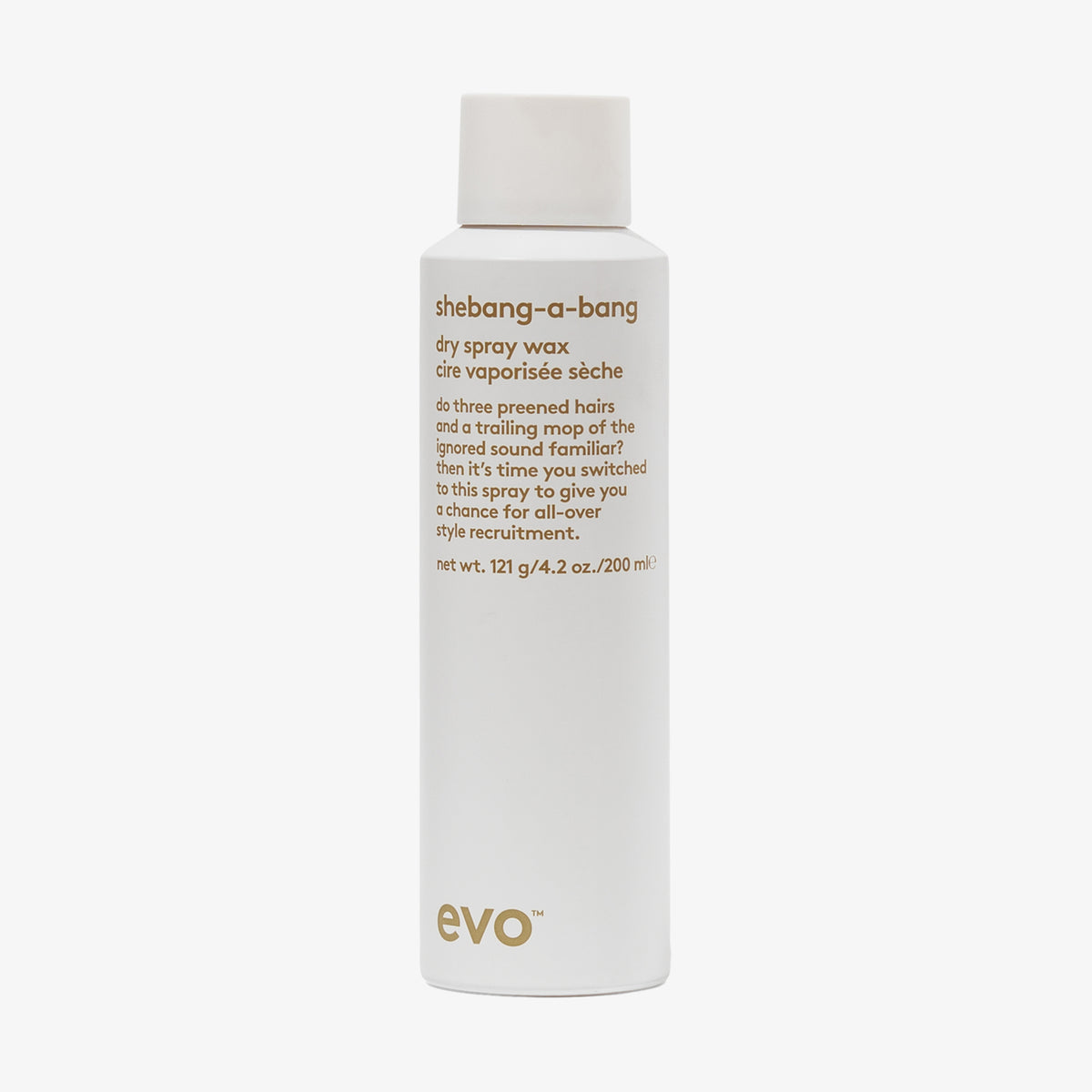 Weiße Flasche Shebang-A-Bang Dry Spray Wax mit humorvollem Produkttext auf schlichtem Hintergrund.