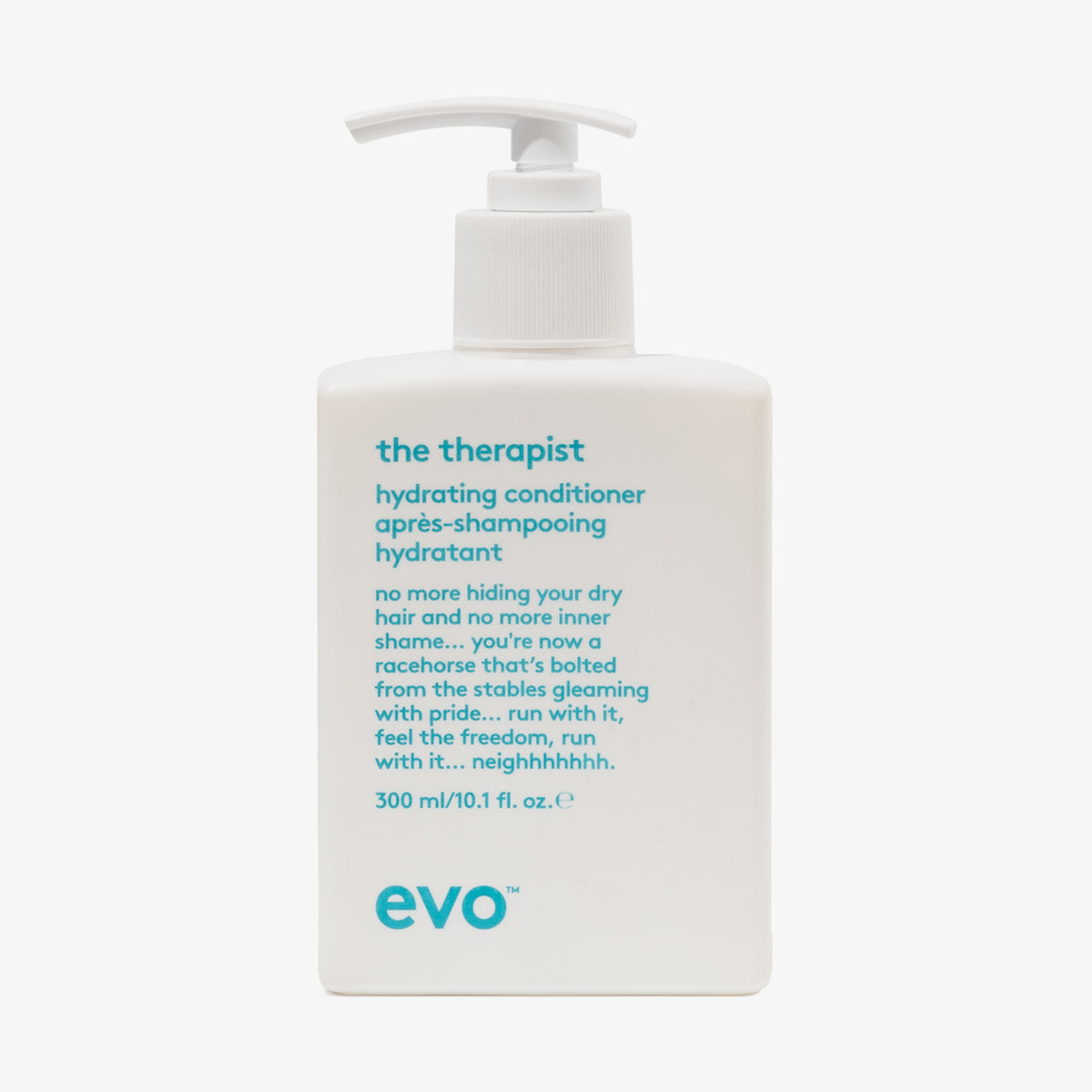 Weiße Pumpflasche The Therapist Hydrating Conditioner von Evo mit humorvollem Text vor weißem Hintergrund.