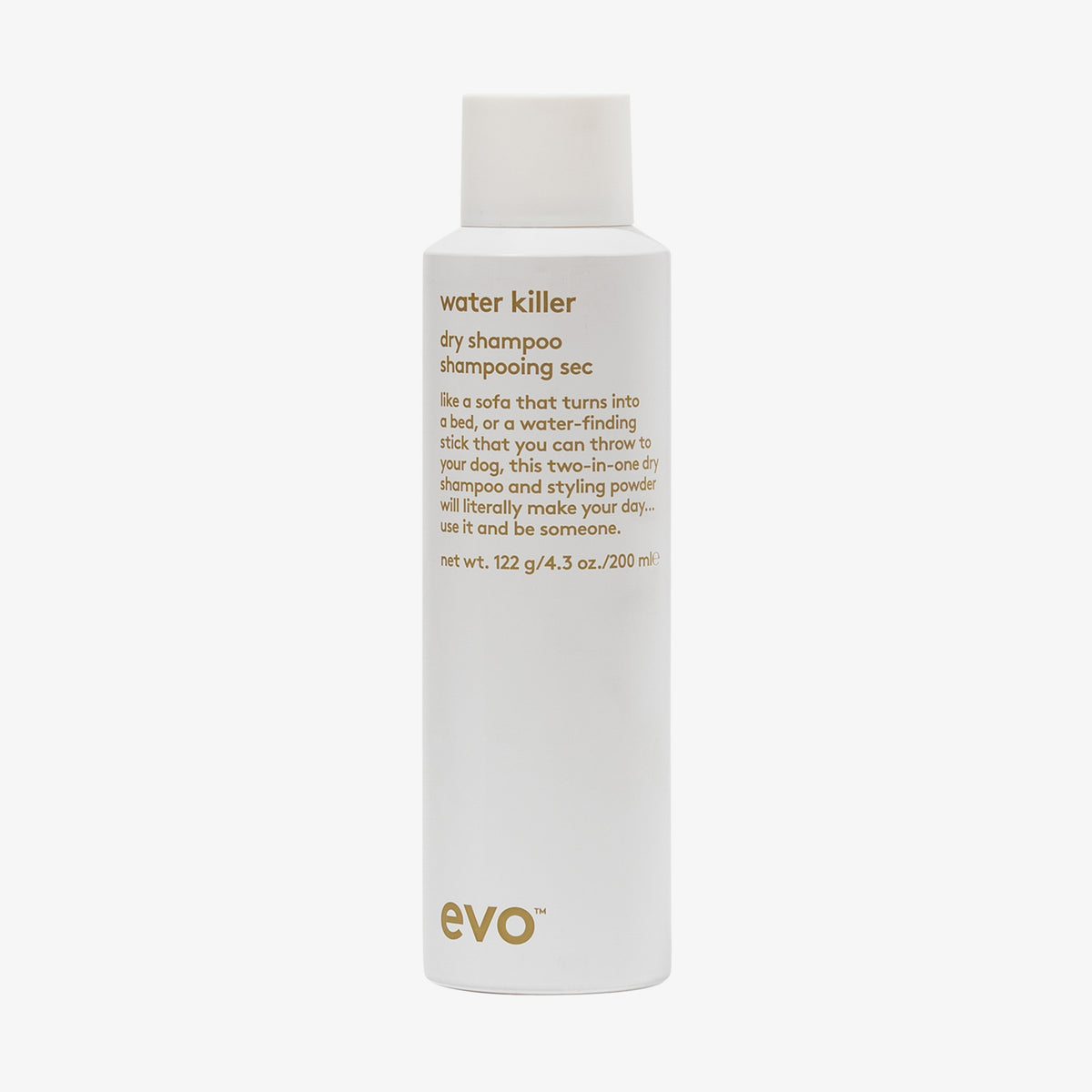 Weiße Flasche Water Killer Trockenshampoo mit humorvollem Produkttext auf der Vorderseite.