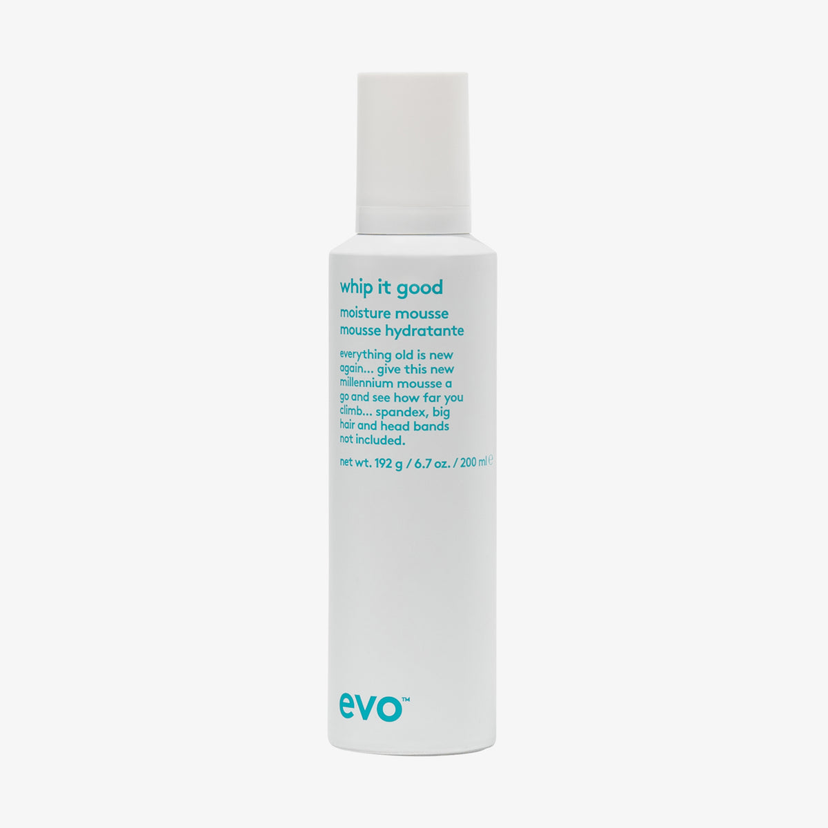 Weiße Flasche Whip It Good Moisture Mousse mit humorvollem Produkttext vor weißem Hintergrund.