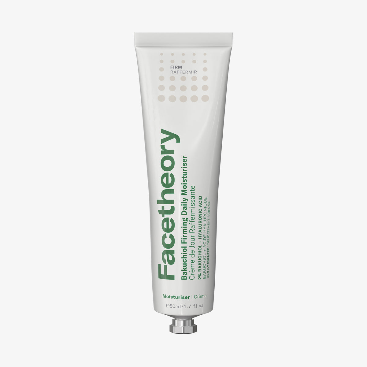 Weiße Tube Bakuchiol Firming Daily Moisturiser mit grünem Text vor weißem Hintergrund.